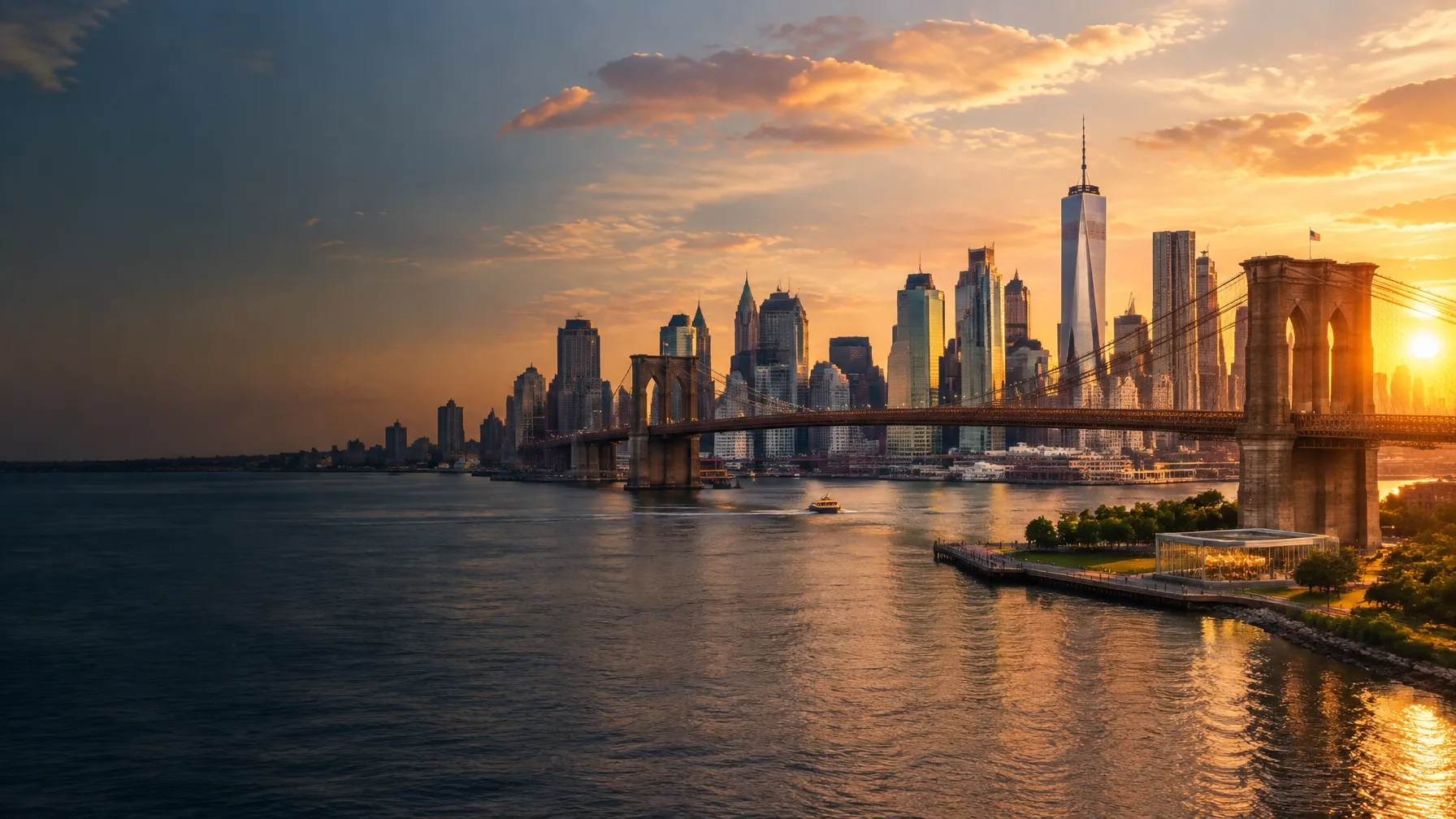 Brooklyn Bridge and the Manhattan skyline at sunset